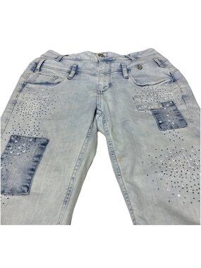 Tredy Rhinestone Embellished Patchwork Skinny Jeans Light Wash Distressed Y2K